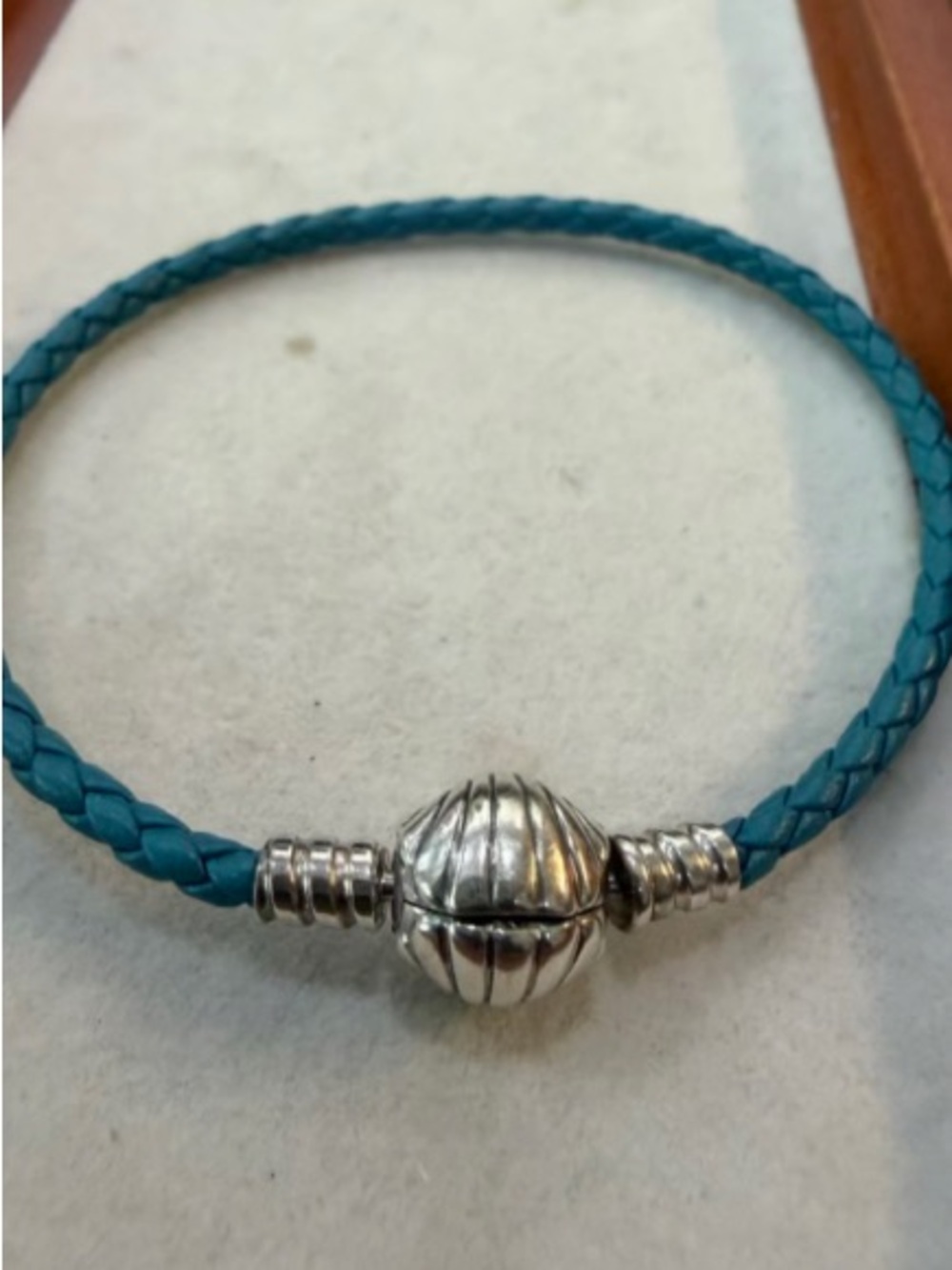 Pandora Teal Braided Leather Bracelet with Silver Ribbed Clasp